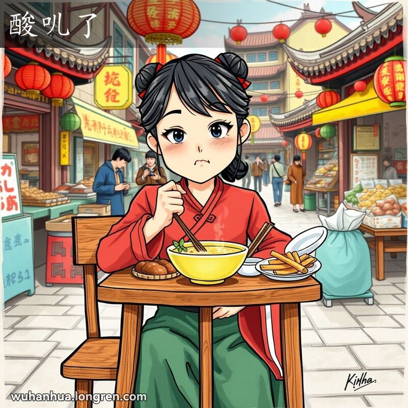 一位年轻女子在户外小吃摊前喝酸汤，脸上露出酸溜溜的表情，背景是武汉街头市场