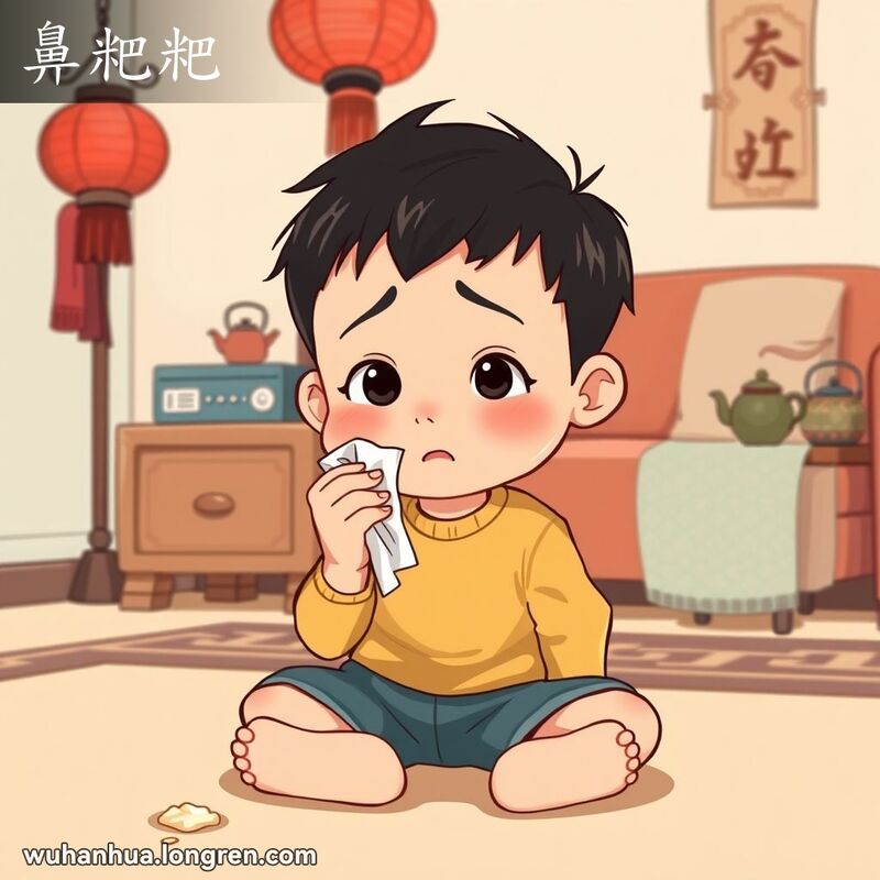 一个小男孩坐在地板上，手里拿着纸巾，指尖上有干结的鼻涕，表情调皮。