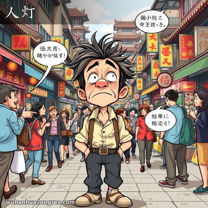 一位衣着不整的男子站在武汉街头，周围行人对他指指点点，背景是热闹的街头摊贩和传统建筑