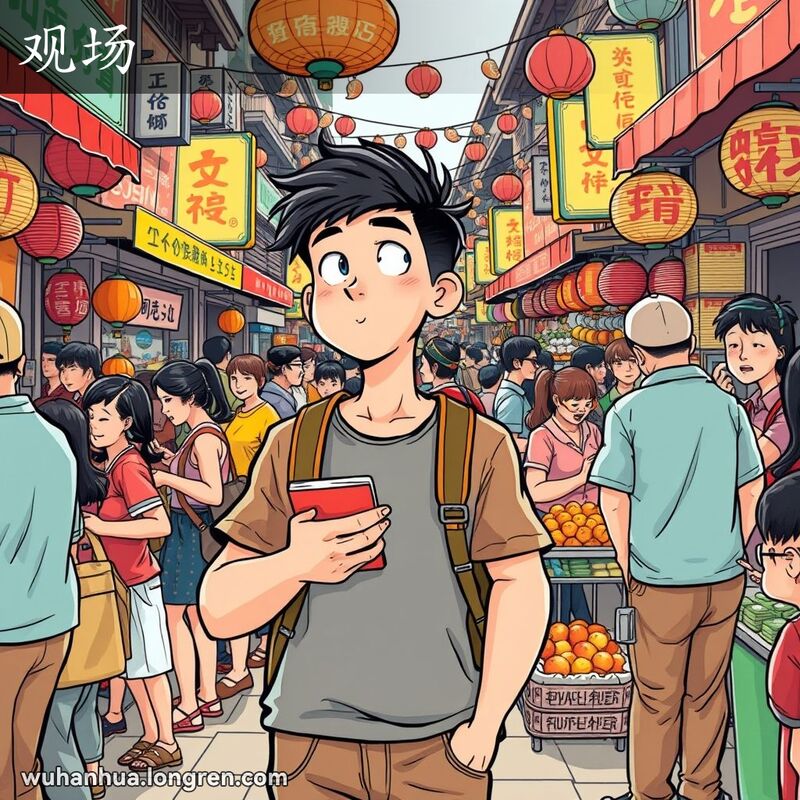 一位年轻人在武汉街市中观察周围情景，背景是热闹的街市和小摊贩