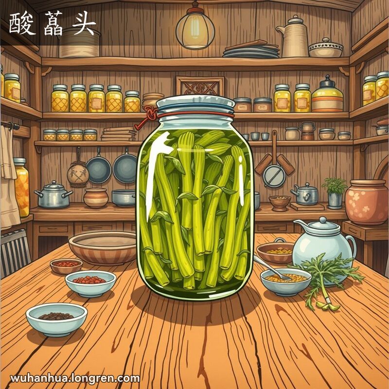 一个传统的武汉厨房，桌上摆放着一个大玻璃罐，里面装满了经过发酵变酸的藠头，背景是充满生活气息的厨房。