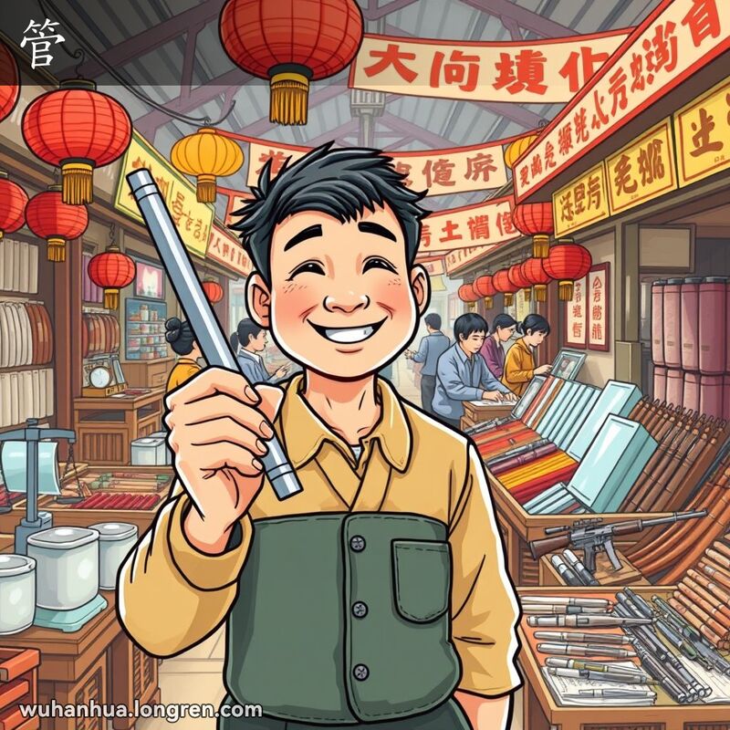 武汉市场中，摊贩手持长条状物品，背景有秤、枪和书写工具，展示量词“管”的用法。