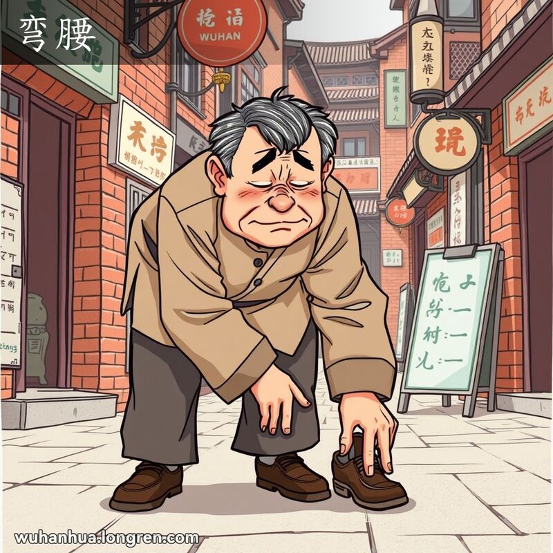 一位中年男子在武汉老街背景下弯腰脱鞋，表情略显吃力，背景有红砖墙和传统招牌