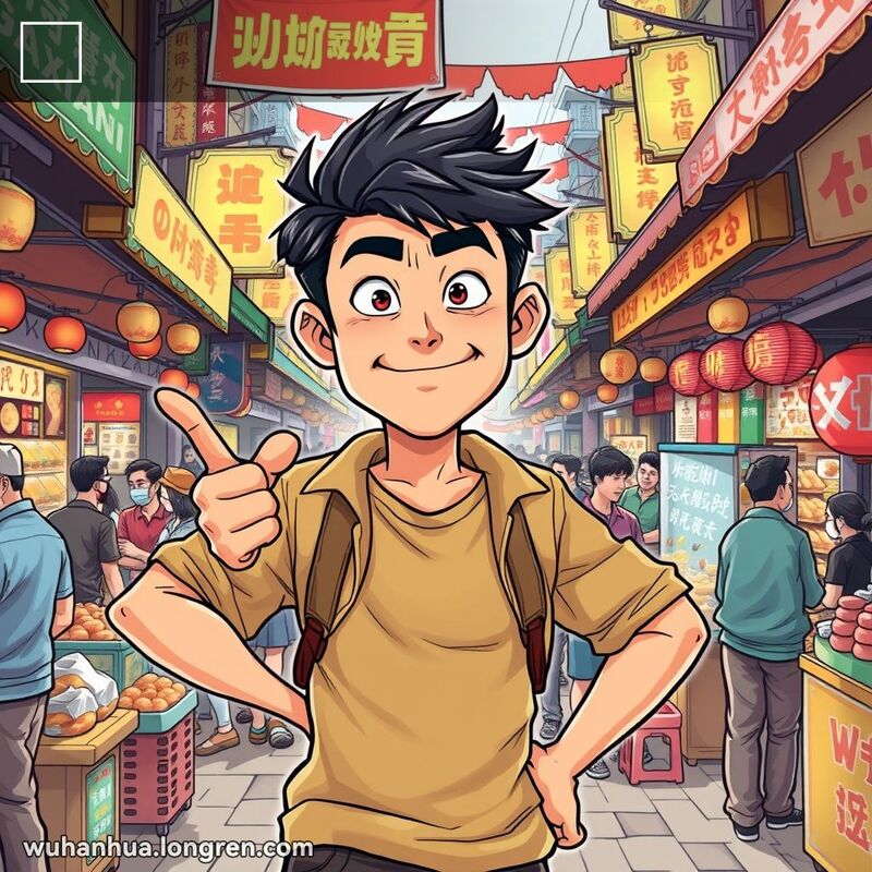 一位年轻男子在武汉街头市场中显得轻浮和狂妄，背景是热闹的市场场景