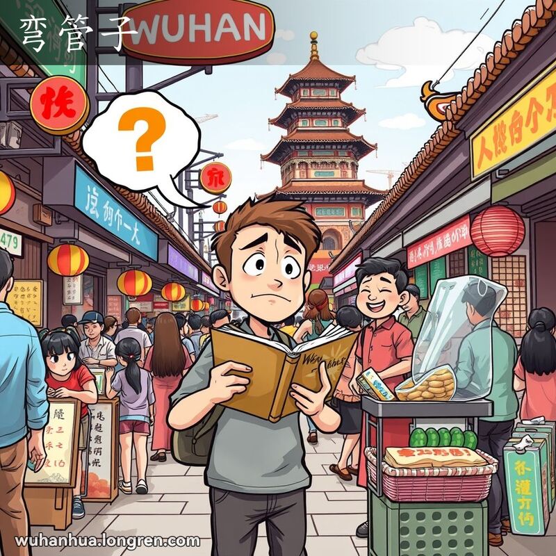 一个人在武汉街头市场尝试学说新语言时的困惑场景，手持短语手册，脸上露出疑惑和尴尬的表情，试图与当地小贩交流。