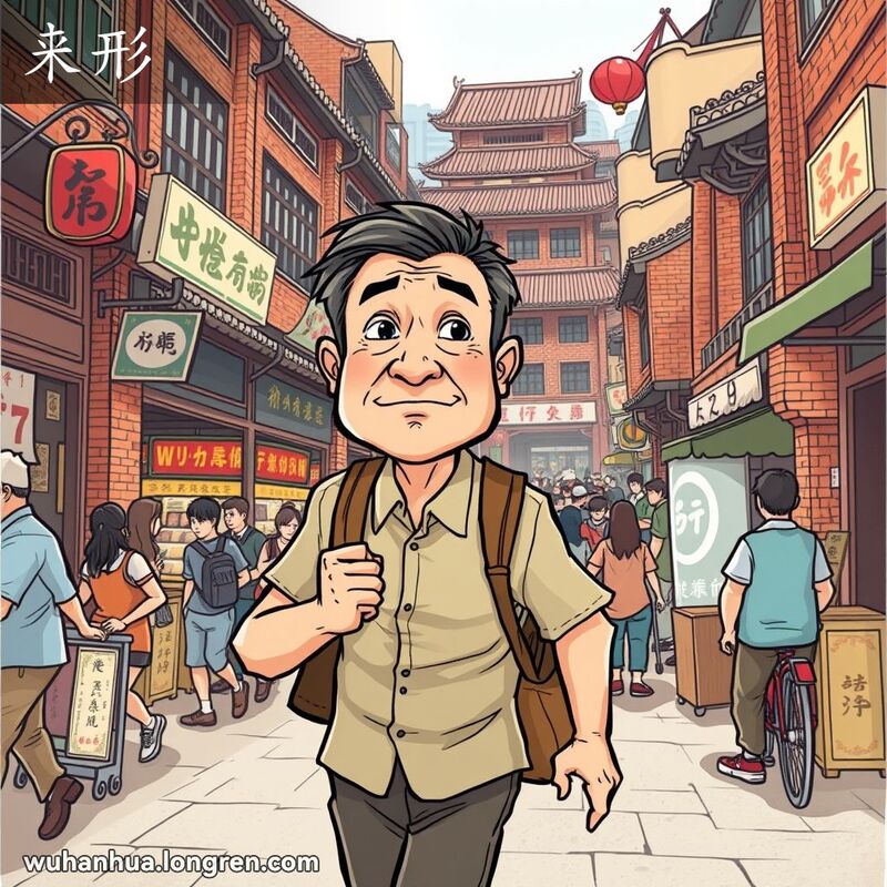 一位中年男子在武汉街道上行走，表情和动作显示出紧迫感和决心，背景是武汉老街景