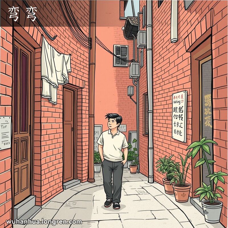 武汉老城区的巷子有一个明显的弯道，一位居民正朝弯道走去，背景有晾晒的衣物和长江。