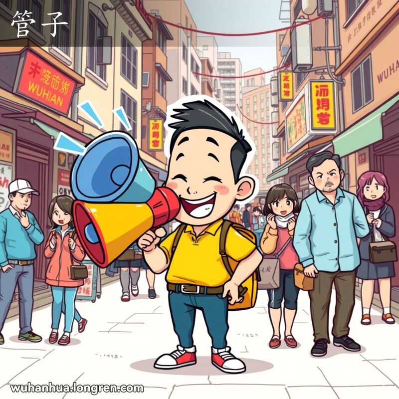 一位武汉市民手持大喇叭筒，象征“管子”，背景是武汉街景，路人反应各异