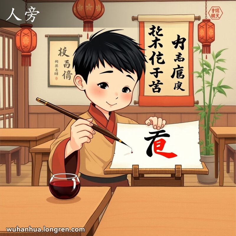 一位学生在传统书法课堂上书写汉字偏旁“亻”，背景是古色古香的教室