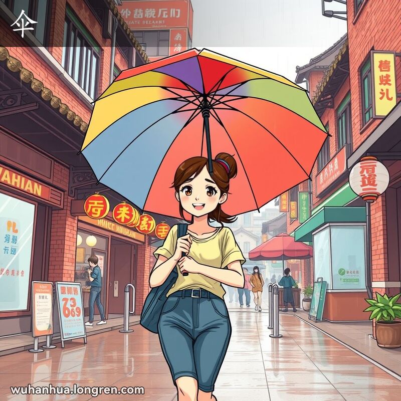 一位年轻女子在武汉街道上撑着色彩鲜艳的雨伞漫步，背景是武汉老街景