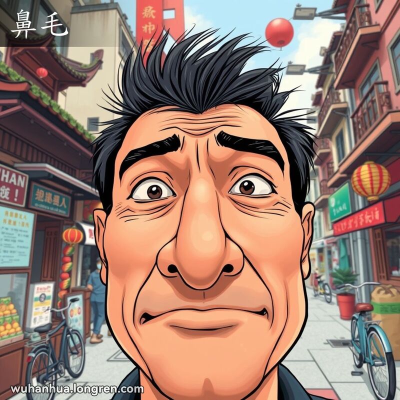 一位男子的特写面部，鼻孔中露出几根鼻毛，表情略显尴尬但带有幽默感，背景是武汉街景