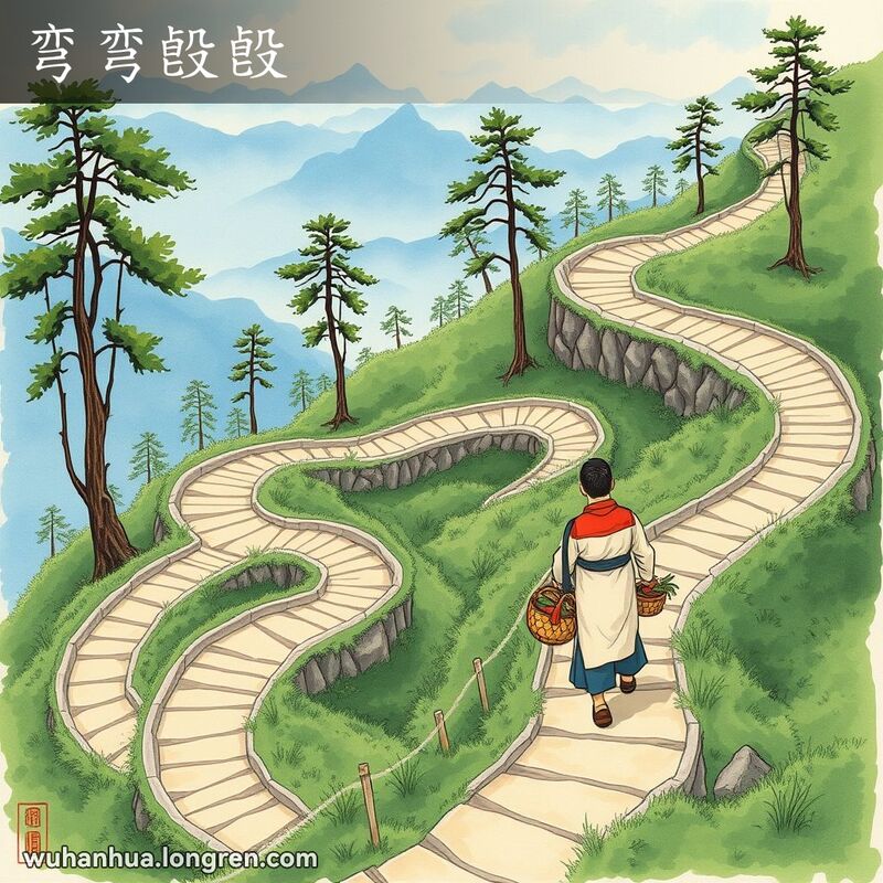 一条蜿蜒曲折的山间小路，武汉居民手提菜篮小心翼翼地行走，背景是宁静的山景