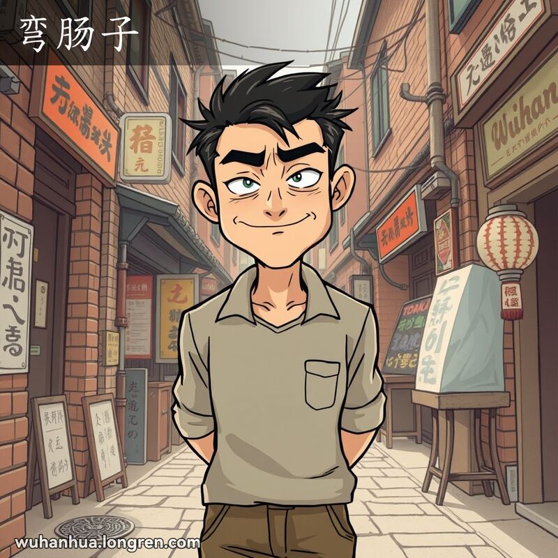 一位狡猾的男子站在武汉老街巷子里，脸上带着狡黠的笑容，背景是红砖墙和小摊贩