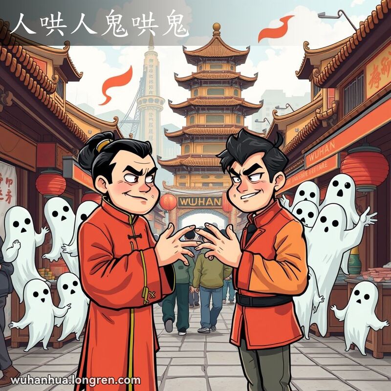 武汉老街上两个狡猾的人物在互相欺骗，背景中有鬼魂模仿他们的行为，画面包含黄鹤楼和长江大桥。