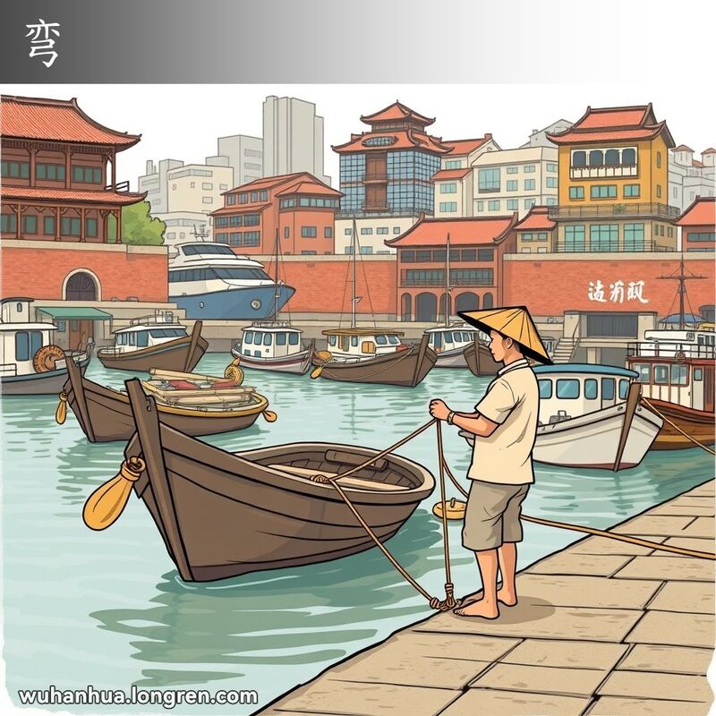 一位渔民在码头系绳子停泊船只，背景是混合老旧和现代建筑的武汉码头景象