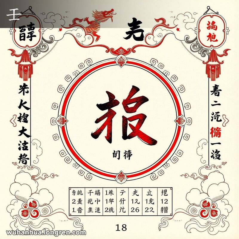 传统中国历书页面，中心是第九天干“壬”字，周围有书法和传统图案，背景有龙纹和祥云