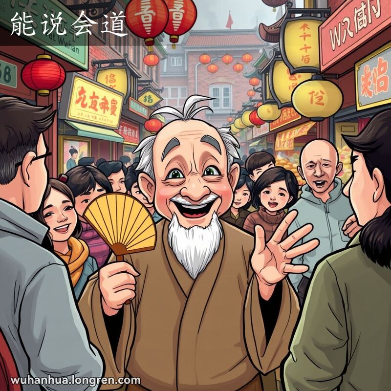一位武汉老人在街头市场上侃侃而谈，周围人群聚精会神地听着，背景是武汉传统街景