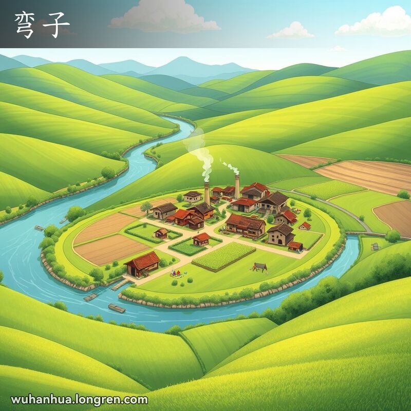 宁静的乡村景象，绿油油的田野和蜿蜒的河流环绕着一个小巧的村庄，农民在田间劳作，孩子们在房屋附近嬉戏，炊烟袅袅升起。