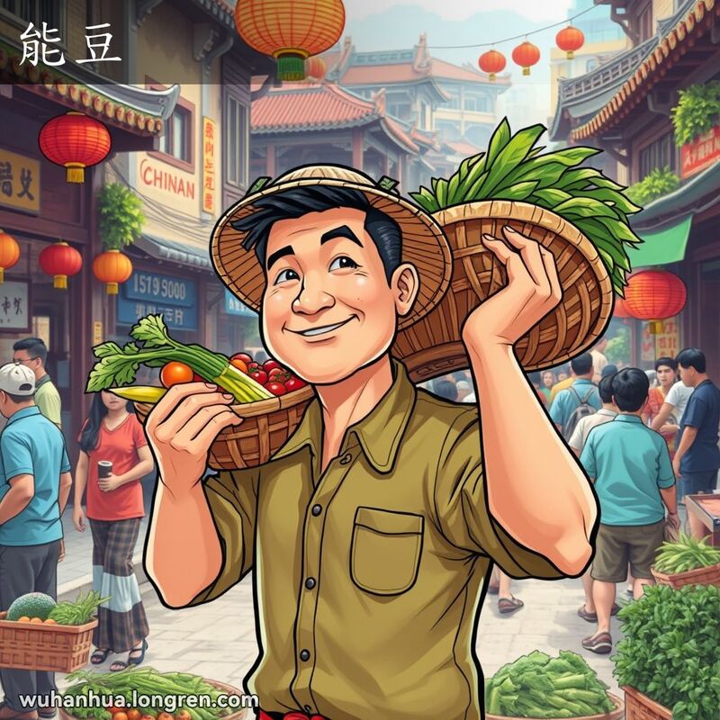 一位武汉男子在市场中肩扛蔬菜，展现“能豆”的能干形象，背景是武汉传统街景