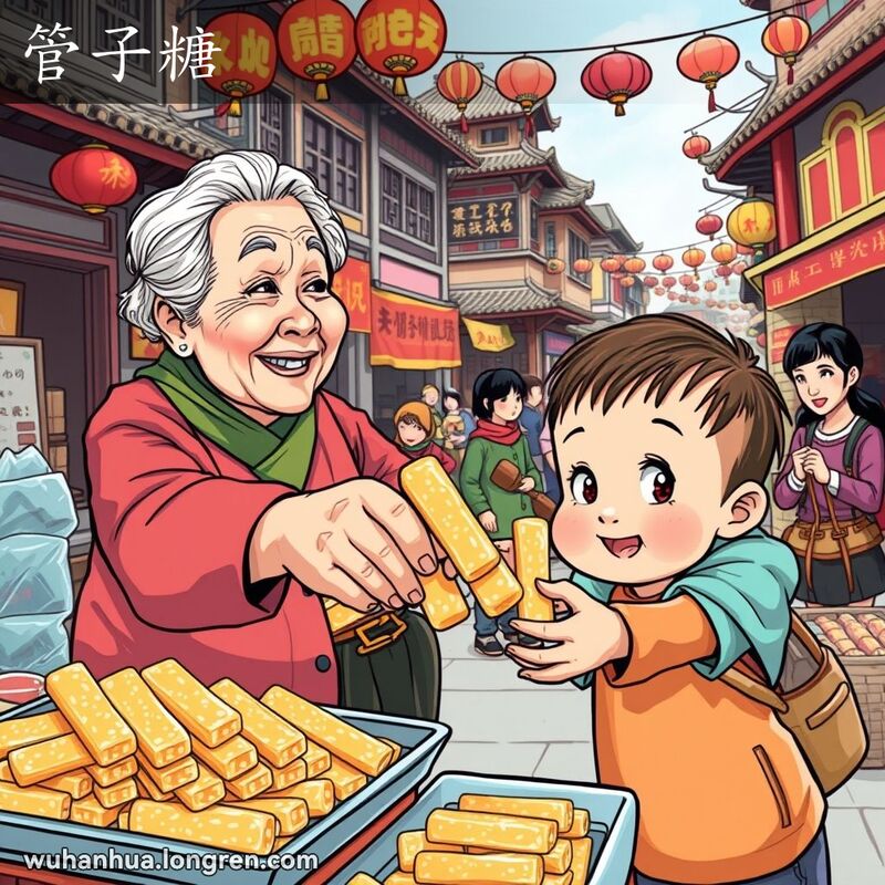 武汉街市摊位上，老妇人递给孩子一根“管子糖”，背景是热闹的市场和传统篮子。