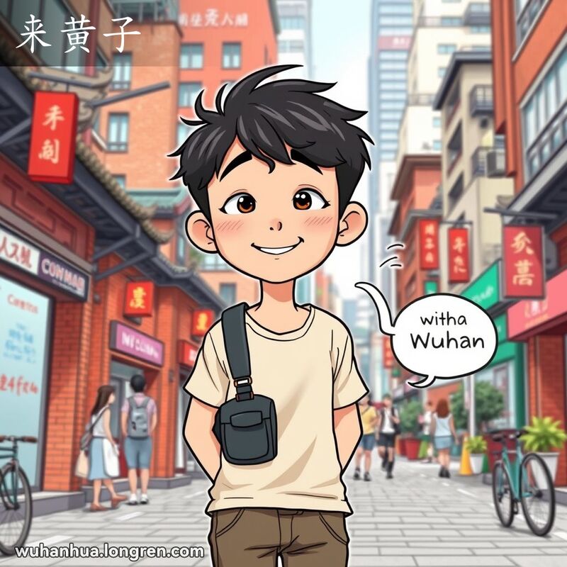 一位年轻的武汉市民站在城市街道上，带着狡黠的笑容，做出讲故事的手势，背景是武汉的传统与现代建筑