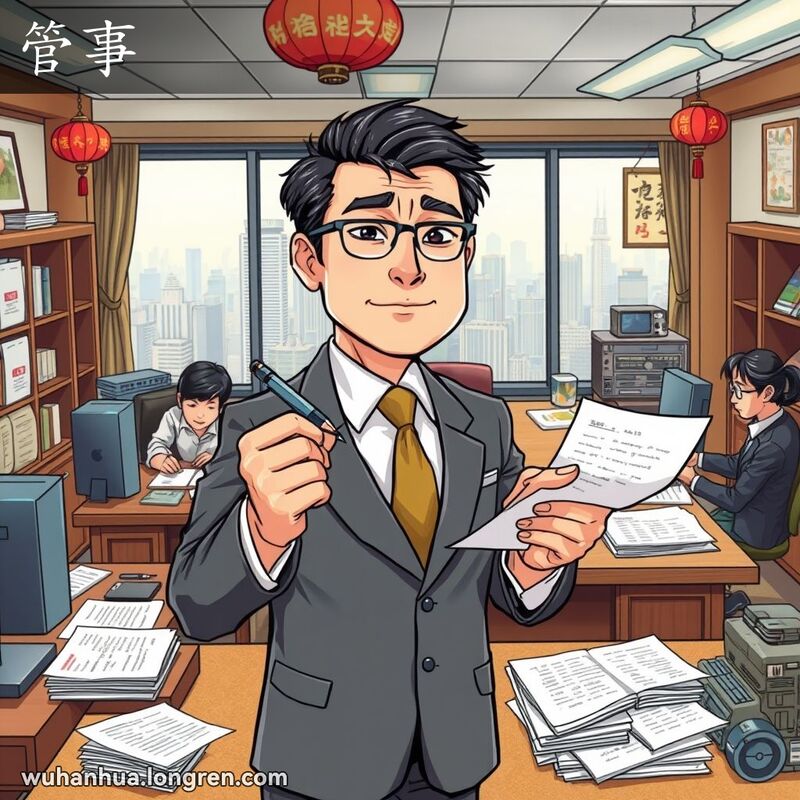一位中年男子在办公室里管理事务，背景有忙碌的员工和武汉城市景观