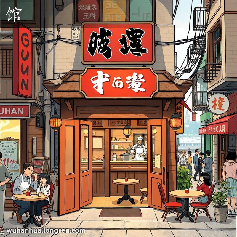 武汉街道上的一家温馨餐馆，门口挂着大红色招牌，顾客在户外用餐，厨师在窗内忙碌，背景有其他商店和长江。