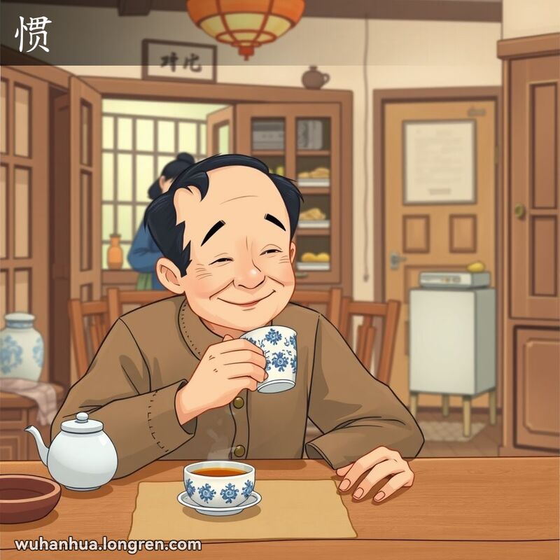 一位中年男子在家中饮茶，背景中妇女在厨房准备早餐，展现日常生活的习惯。