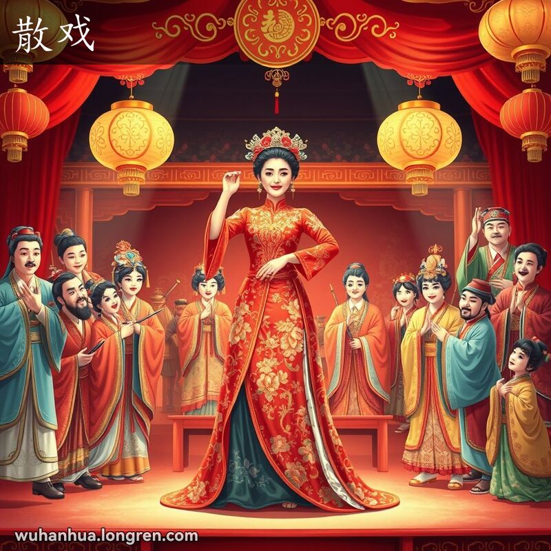 传统中国戏曲表演，演员们身穿华丽服装，展示不同戏曲片段，背景有乐器和布景