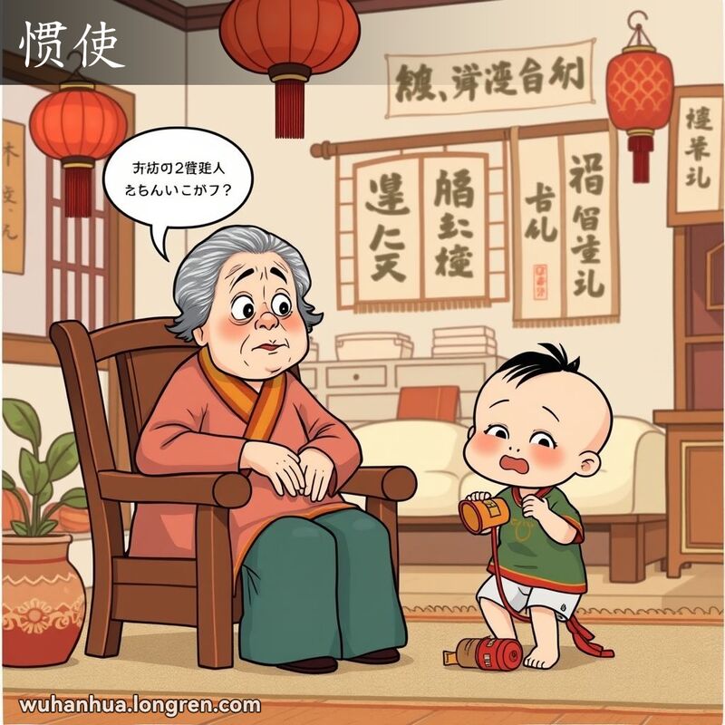 奶奶坐在木椅上，面露担忧和无奈，孩子在玩玩具，背景是温馨的客厅，装饰有红灯笼和书法挂轴。