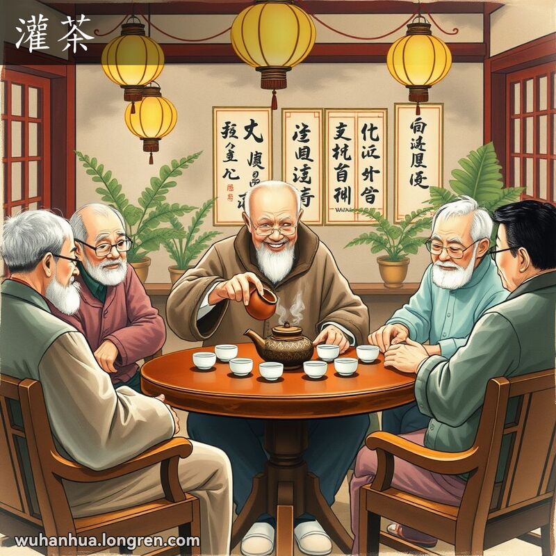 一群武汉老人在传统茶馆里围坐，中央老人用紫砂壶倒茶，背景有书法挂轴和盆栽