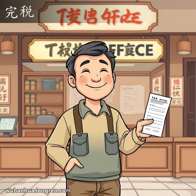 一位中年男子站在税务所前，手持收据，脸上带着满意的笑容，表现“完税”的情景