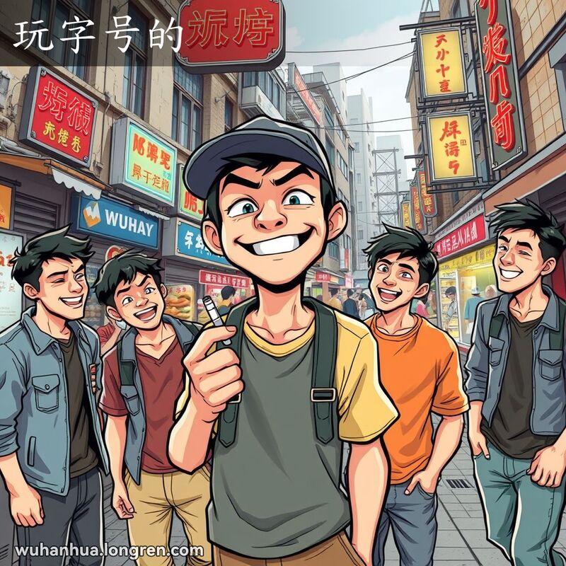 一群年轻人在武汉街头笑闹，主角带着狡黠的笑容，背景是老街景象
