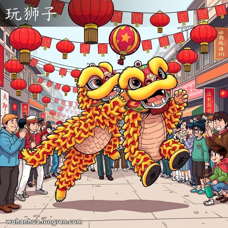 武汉街头舞狮表演，两位表演者穿着狮子服装跳舞，另一位表演者手持彩球挑逗狮子，背景是热情的观众。