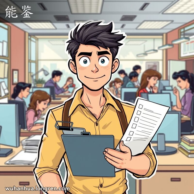 一位自信的年轻人在办公室中手持剪贴板，背景是忙碌的办公环境，表现“能鉴”的意思