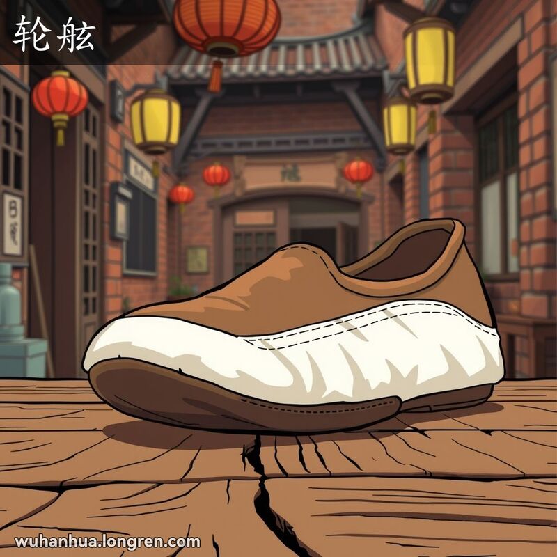 一只传统布鞋，特写鞋底边缘的白色布边，背景是武汉老街景