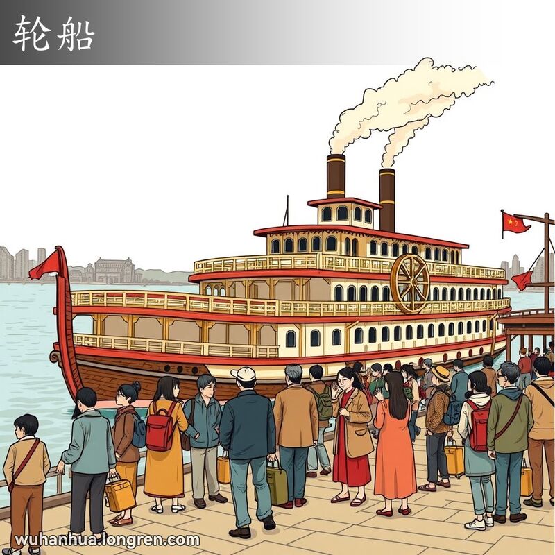 武汉港口，老式轮船停靠在码头，背景是长江，前景是当地人挥手告别的场景