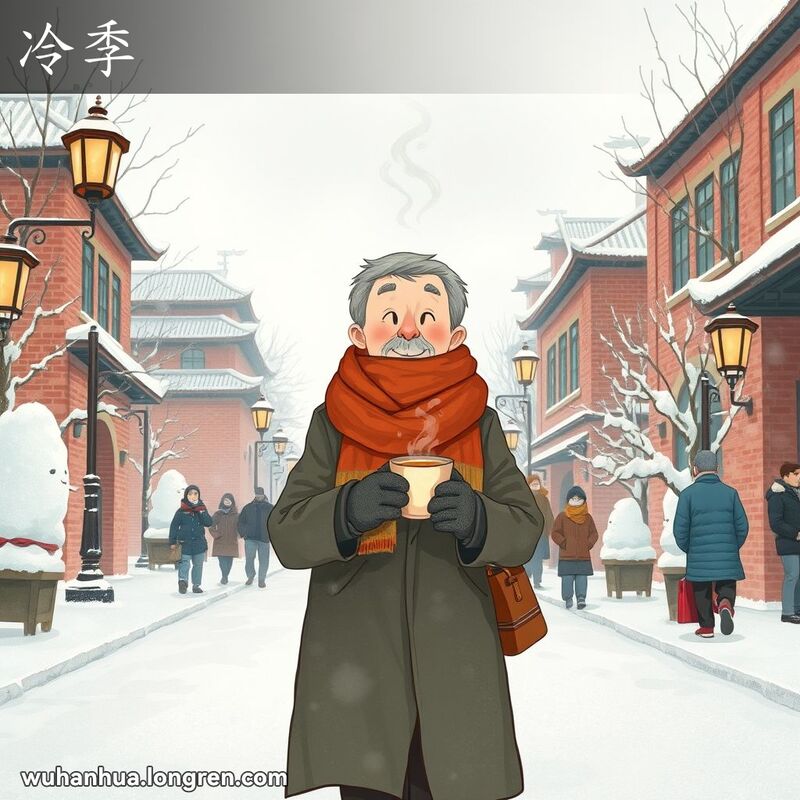 武汉冬季街景，居民穿着厚冬衣，手拿热茶，背景有红砖墙和老式路灯