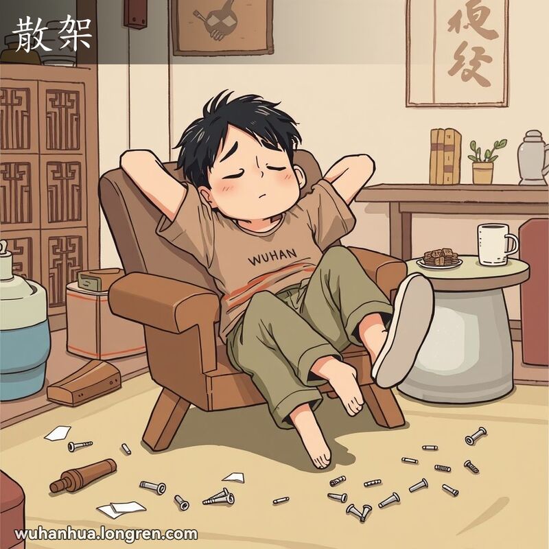 一位武汉市民坐在散架的椅子上，四肢摊开，显得非常疲惫，背景是温馨的客厅。