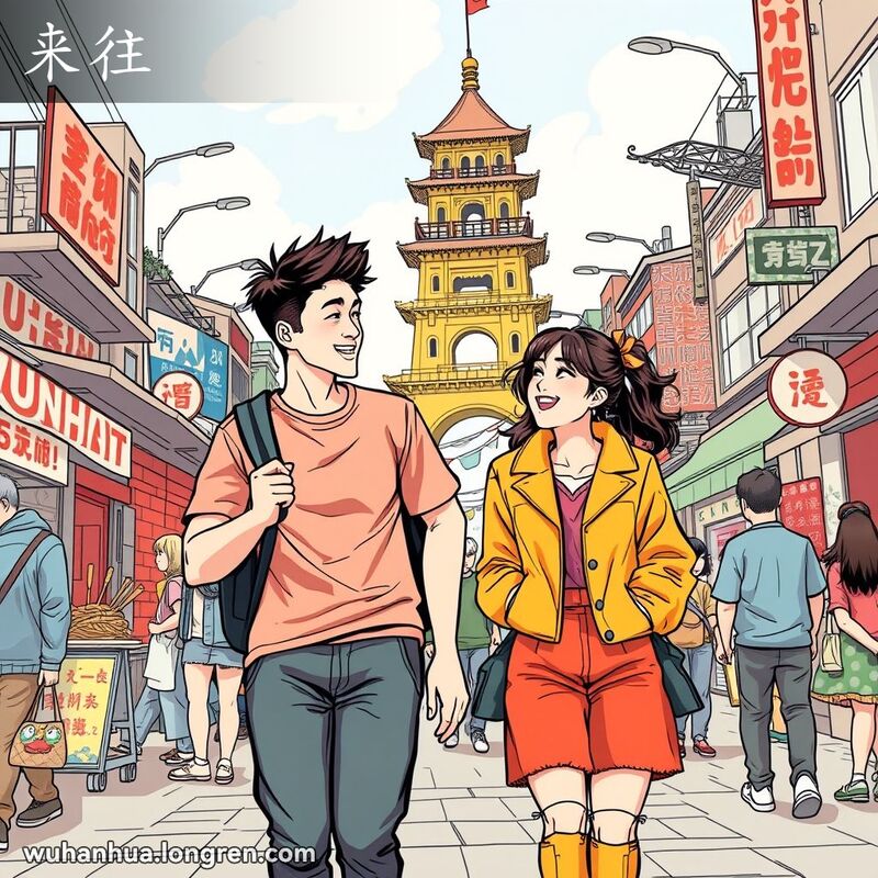 两位朋友在武汉街头漫步、交谈，背景是黄鹤楼和热闹的街景，展示“来往”的场景