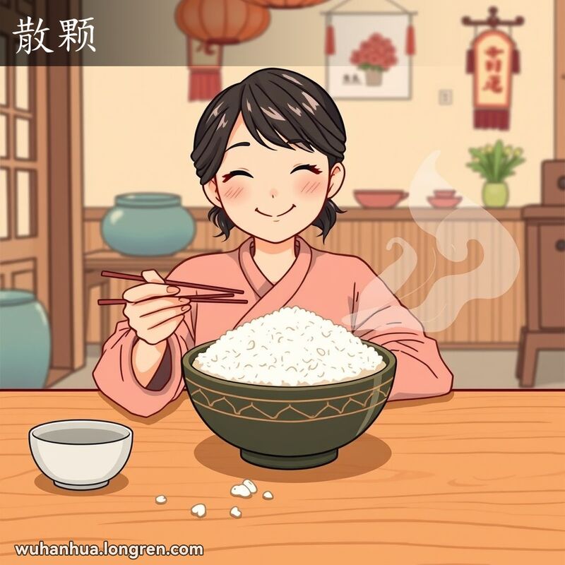 温馨厨房场景，桌上摆放着一碗酥松的米饭，女子穿着宽松的中式服装，面带微笑。