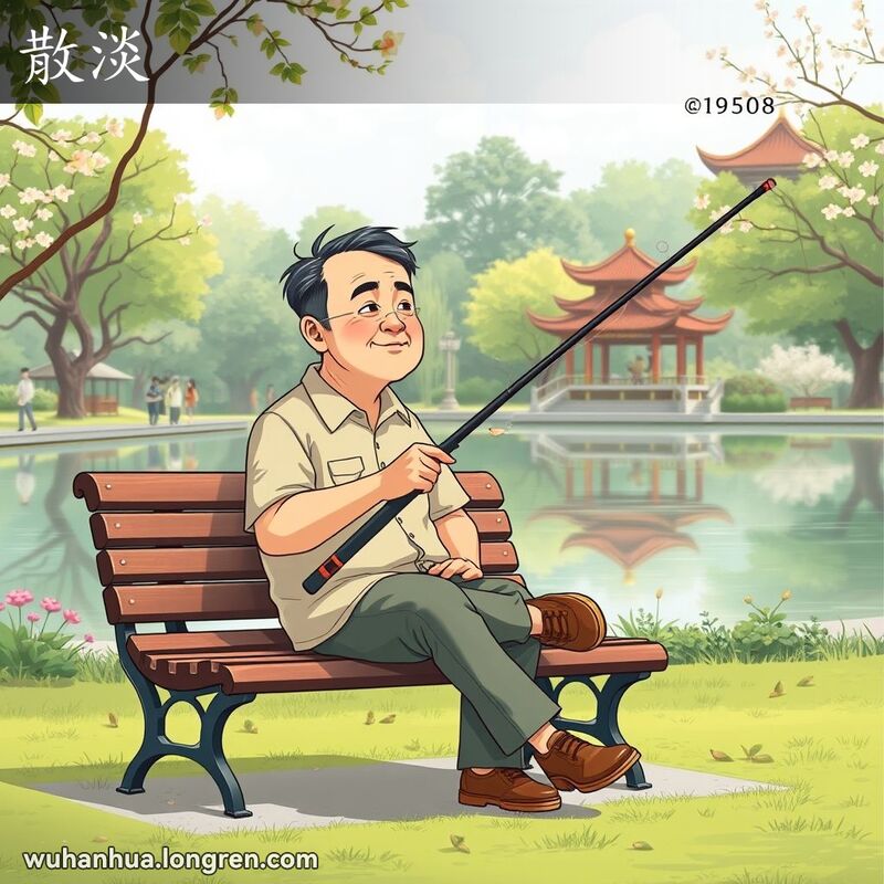 一位中年武汉男子坐在公园长椅上，手持钓鱼竿，悠闲地凝视湖景，周围环绕绿植和鲜花，体现“散淡”的氛围