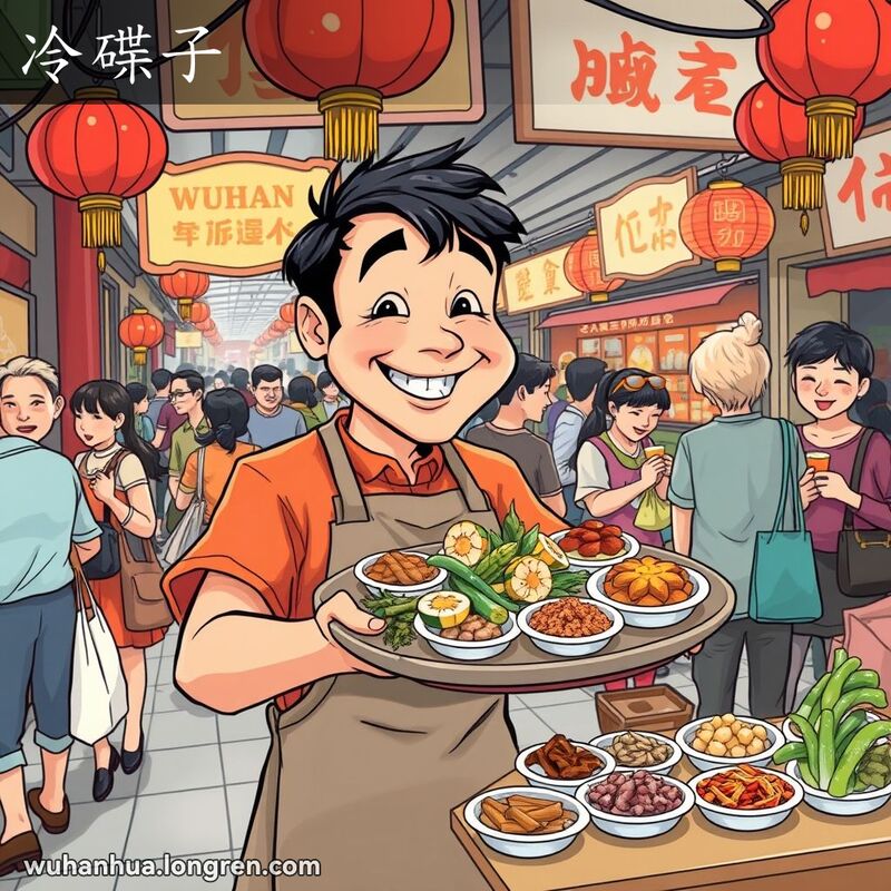 武汉街头小吃摊，摊主展示一盘色彩鲜艳的凉菜，背景是热闹的街头生活场景