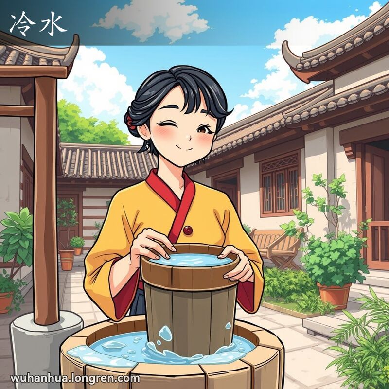 一位年轻女子在武汉老院子的井边手持冷水，表情清爽满足，背景是晴朗的天空和绿意盎然的庭院