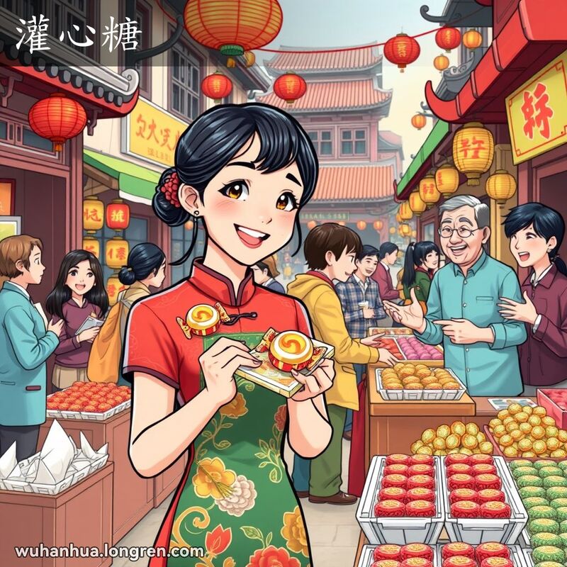 一位年轻女子在武汉街市的糖果摊前，手持灌心糖，背景是热闹的街市景象