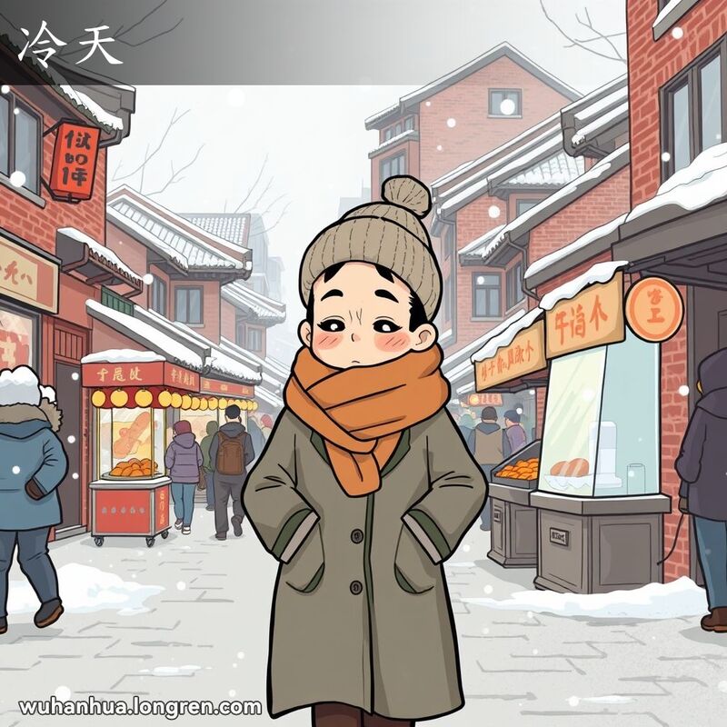武汉冬季街景，市民穿着厚衣行走，背景有传统建筑和小摊贩。