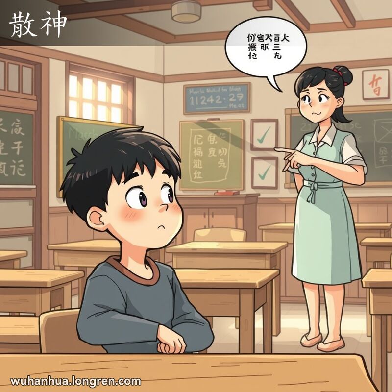 一位学生在教室里走神，老师试图引起他的注意，背景是温馨的教室环境