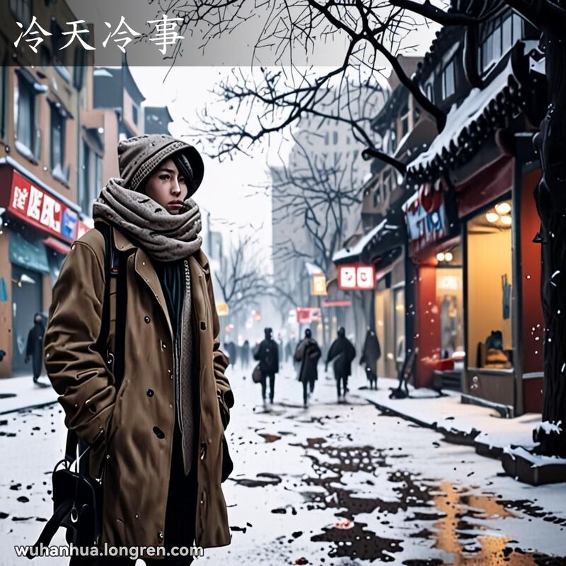 寒冷的冬日，武汉街头飘雪，市民穿着厚冬衣站在街角，显得不适，背景是雪覆盖的屋顶和光秃秃的树木