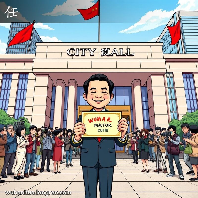 一位新任市长在武汉市政厅前自豪地手持市长证书，背后是热烈鼓掌的人群和记者，背景是现代化建筑和晴朗蓝天