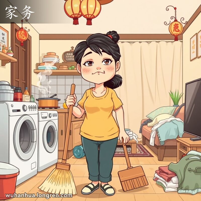 一位忙碌的母亲在家中进行家务劳动，手持扫帚和簸箕，周围是洗衣机、吸尘器和一堆待洗的衣物，背景中有厨房和客厅。